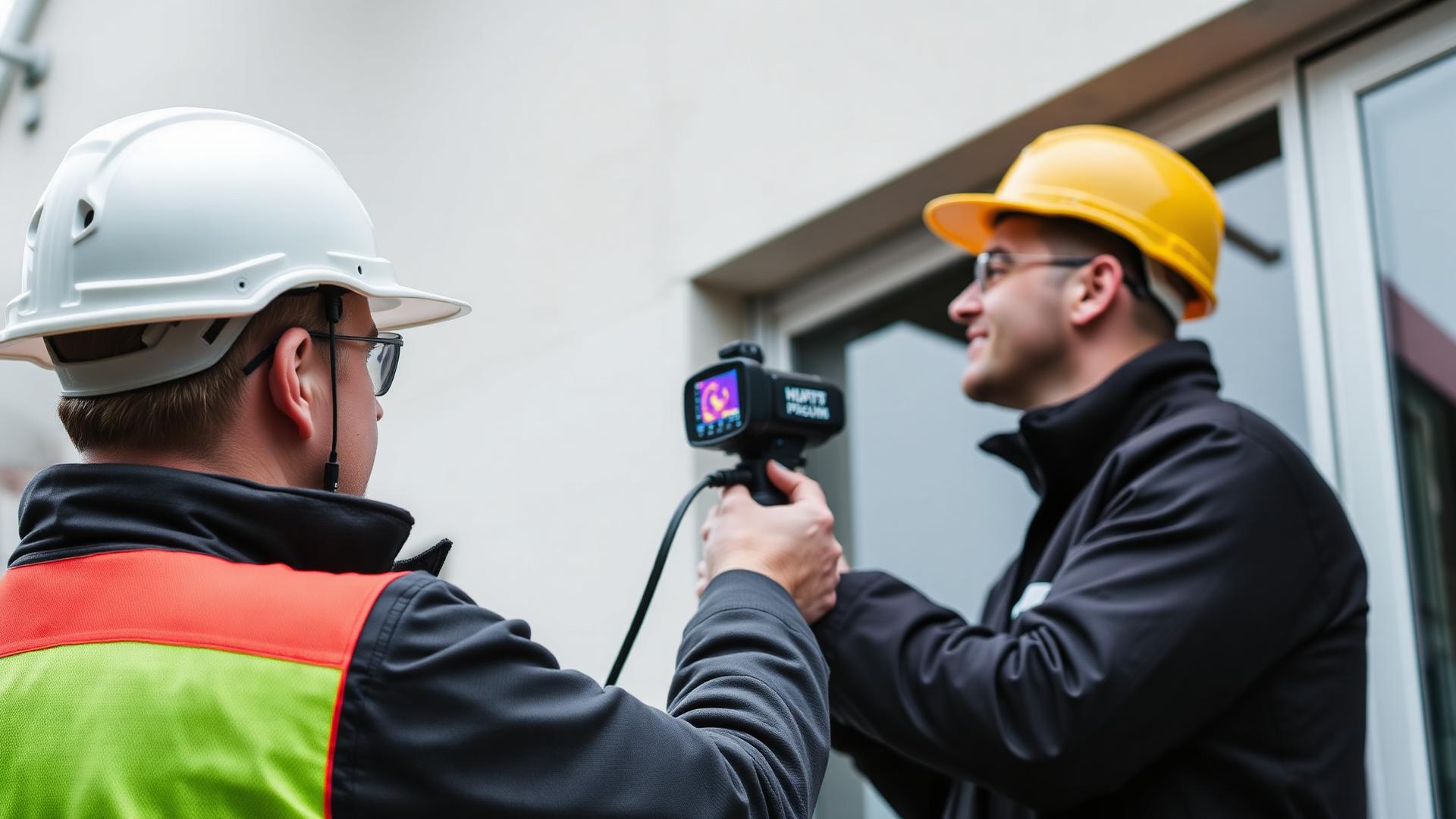 Technicien inspectant une façade à la caméra thermique